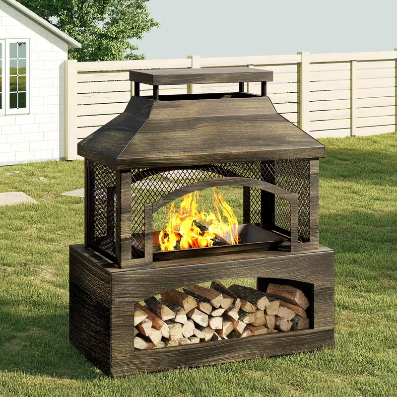 37-Inch Outdoor Wood Burning Fireplace with Wood Storage and Fire Poker – Large Rectangular Metal Fire Pit for Patio, Garden, Deck, and Backyard