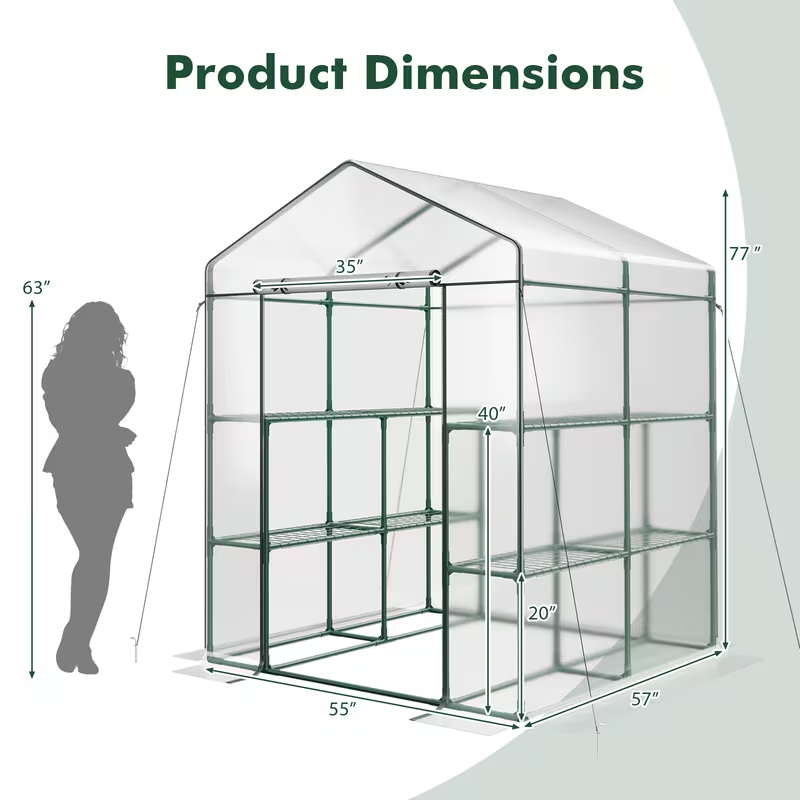 Walk-In Mini Greenhouse with 3 Tiers & 8 Shelves – PVC Cover, Roll-Up Door, Heavy-Duty Steel Frame for Indoor/Outdoor Winter Plant Protection