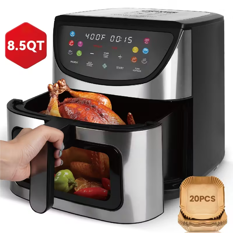 8.5QT Air Fryer with 1500W Power – Large Capacity, Smart Touch Screen, 10 Preset Cooking Functions, Non-Stick Basket, Easy to Clean – Stainless Steel, 120V Plug-In, Ideal for 5–6 People