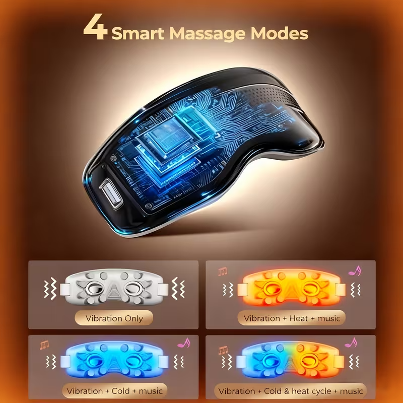 Eye Massager with Heat and Cooling, 4 Pressure Modes & 2 Hot/Cold Compress Modes, Soft Silicone Massage Head with Nose Rest, Wireless Music Sync, Rechargeable Eye Therapy Device for Dry Eyes, Dark Circles, and Insomnia