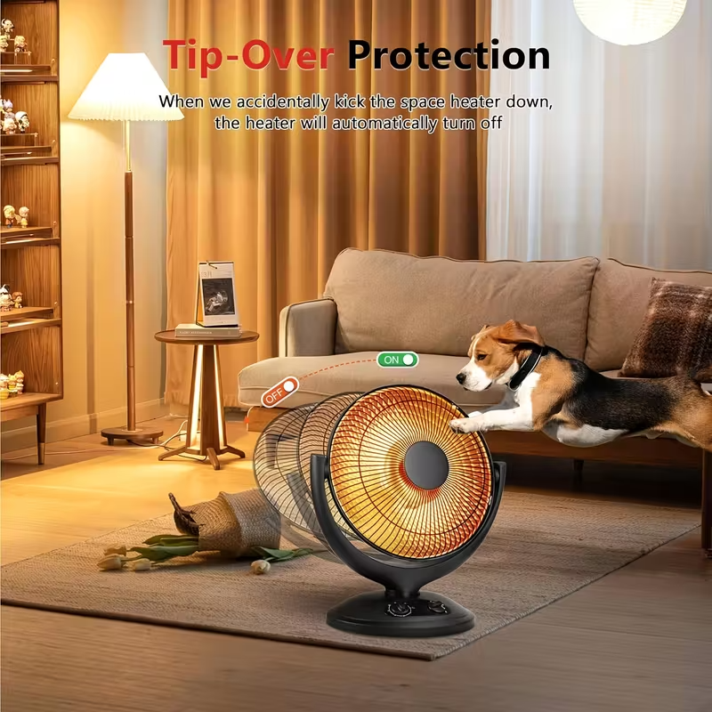 Oscillating Parabolic Radiant Space Heater with Thermostat and Timer, 120V Indoor Dish Heater with Tip-Over and Overheat Protection for Safe and Efficient Room Heating