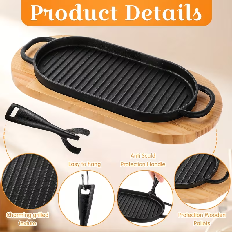 4-Piece Cast Iron Fajita Skillet Pan Set with Wooden Serving Base & Removable Handle – 12 x 6.3 Inch Sizzling Steak and Grill Frying Pan for Home or Restaurant Cooking