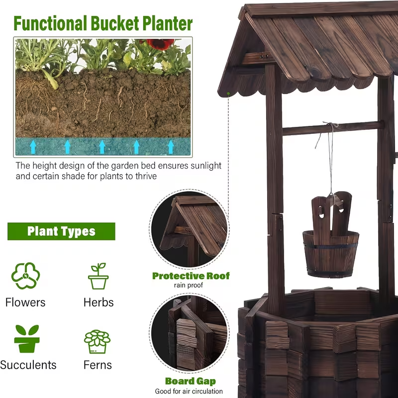 Rustic Wooden Wishing Well Planter with Hanging Bucket – Outdoor Garden & Patio Decor, Weather-Resistant Wood Planter for Flowers, Herbs & Succulents