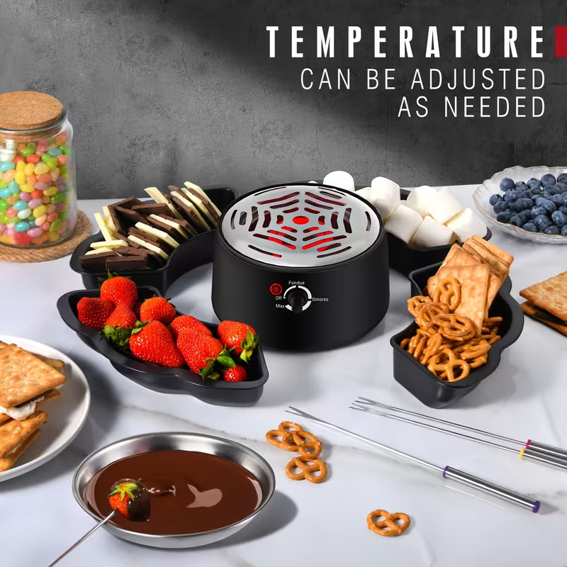 Electric Marshmallow Roaster and Chocolate Fondue Pot 2-in-1, 280W Adjustable Temperature, Detachable Baking Pan, 11.5oz Melting Bowl, Four Trays, Four Skewers, Stackable Base for Parties, Family Events, and Outdoor Activities