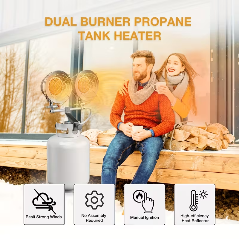 Double Tank Top Propane Heater – Outdoor Freestanding Patio Heater with Shut-Off Valve and Tip-Over Protection, Durable Outdoor Heater for Camping, Garage, Porch, and Sports Events
