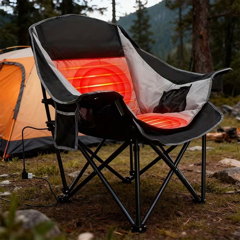 Oversized Heated Camping Chair with Optional Power Bank, 3 Heat Levels, Dual-Zone Heating, Foldable Heavy-Duty Chair with Footrest, 500 lb Capacity