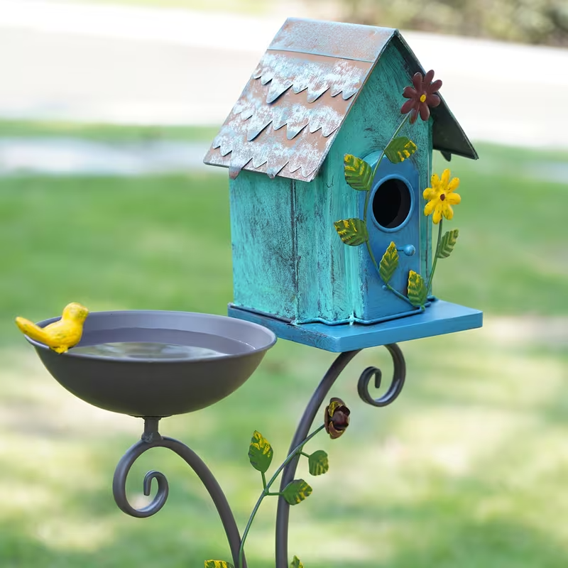 52" Metal Bird Bath with Pole and Birdhouse, Tiered Outdoor Garden Decoration with Seed Tray, Rustic Blue Floral Design, Durable Metal Stake-Mounted Bird Bath for Yard, Lawn, and Patio