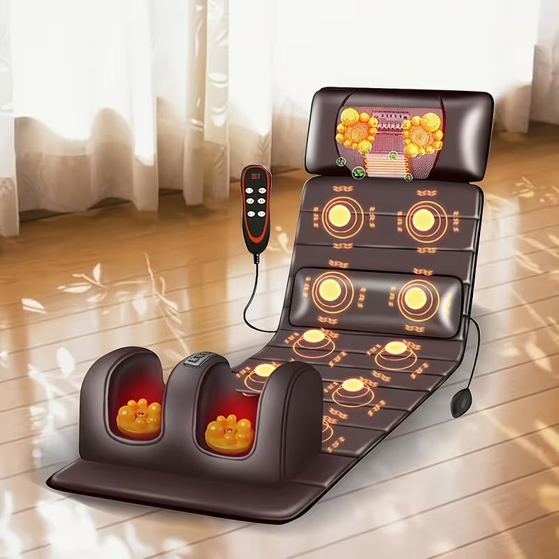 Large Full Body Heating Massager with Neck and Foot Support – PU Material, Massage Headrest, Lumbar Pillow, Timer Function, Non-Slip Bottom, Easy Storage, Suitable for Home and Office Napping, 110–240V, Brown