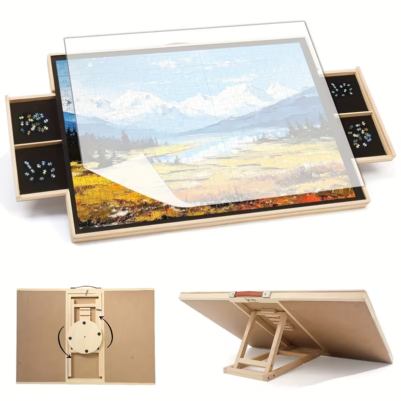 1500-Piece Rotating Wooden Puzzle Board with Dust Cover & 4 Storage Drawers – Large Puzzle Table for Adults, Families & Kids – Durable Wood Construction, Gift-Ready for Valentine’s Day, Christmas & Holidays