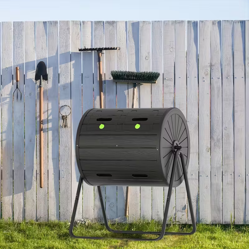 43-Gallon Dual-Chamber Tumbler Compost Bin, Black Rotating Compost Barrel with Swivel Design, Flap Door & Durable Steel Frame, Outdoor Garden Composting Bin for Leaves, Food Scraps, Yard Waste