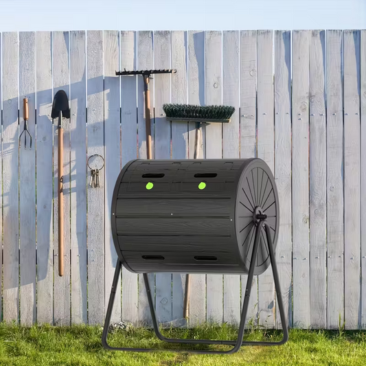 43-Gallon Dual-Chamber Tumbler Compost Bin, Black Rotating Compost Barrel with Swivel Design, Flap Door & Durable Steel Frame, Outdoor Garden Composting Bin for Leaves, Food Scraps, Yard Waste