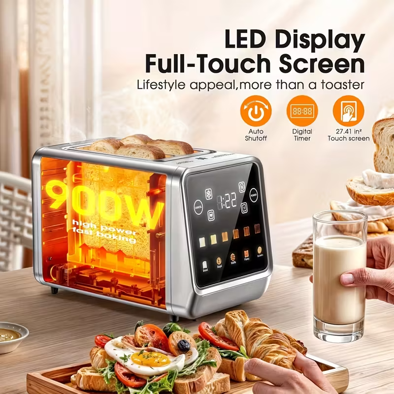 2-Slice Stainless Steel Touch Screen Toaster – Smart Digital Toaster with Memory Function, 5 Bread Modes, 6 Browning Levels, Extra-Wide Slots, 900W Premium Breakfast Toaster