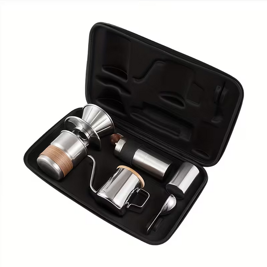 6-Piece Portable Manual Coffee Maker Set with Stainless Steel Cone Grinder, Foldable 304 Stainless Steel Filter, Coffee Pitcher & Handmade Brewing Tools – Electricity-Free Travel Coffee Kit
