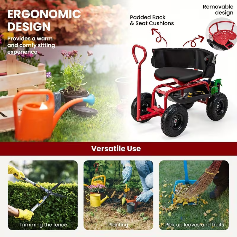 Heavy-Duty Garden Cart Scooter with 10" All-Terrain Tires, 360° Swivel Seat, Extendable Pull Handle, Storage Basket, Tool Pouch & Cushion – Red Rolling Garden Seat for Yard Work & Lawn Care