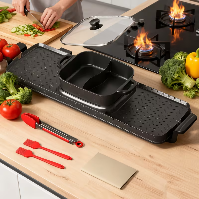 All-in-One Electric Hot Pot & Grill Combo – Large-Capacity Smokeless Cooker with Non-Stick Surface, Even Heating for Frying, Boiling, Grilling & Roasting – Ideal for Family Meals, Parties, Steak, Seafood & Kebabs