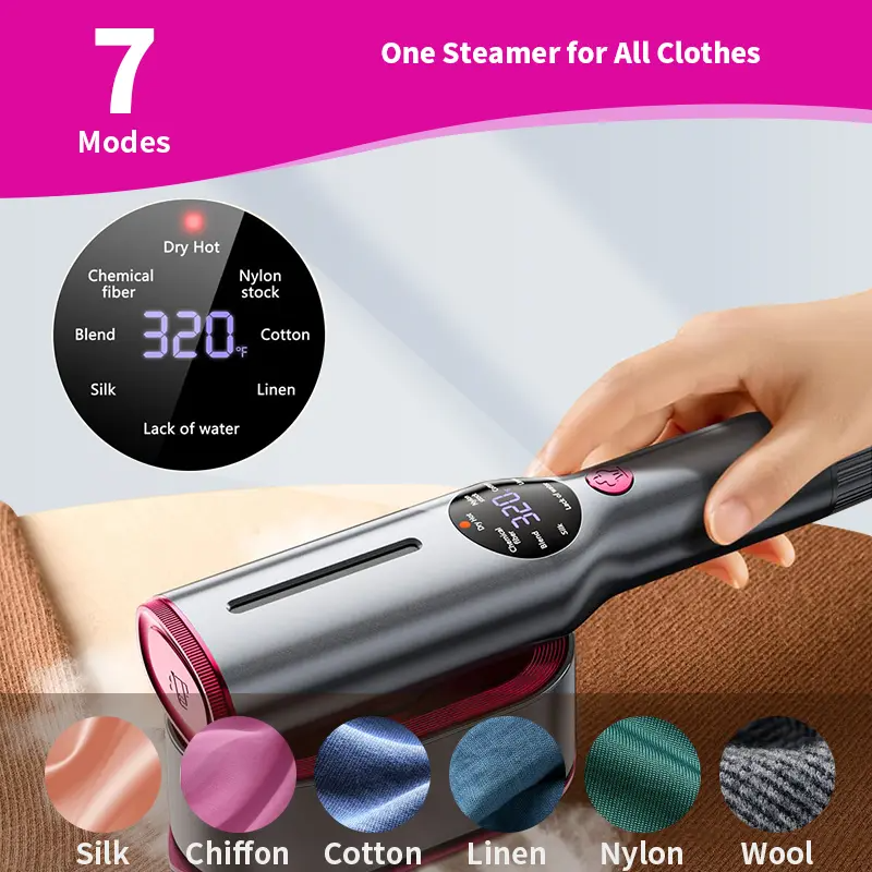 Portable Garment Steamer for Clothes, 2-in-1 Handheld Steamer and Iron, 7 Steam Modes with LED Display, Fast Heating Travel Clothing Steamer with 90-Degree Swivel Handle, Gift for Home and Travel