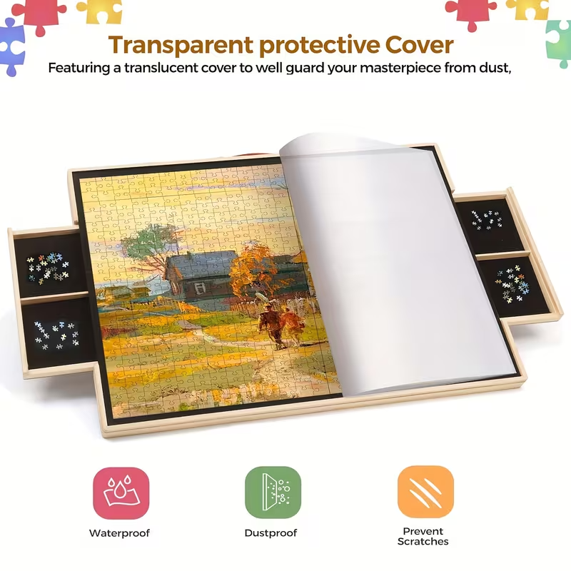 1500-Piece Rotating Wooden Puzzle Board with Dust Cover & 4 Storage Drawers – Large Puzzle Table for Adults, Families & Kids – Durable Wood Construction, Gift-Ready for Valentine’s Day, Christmas & Holidays