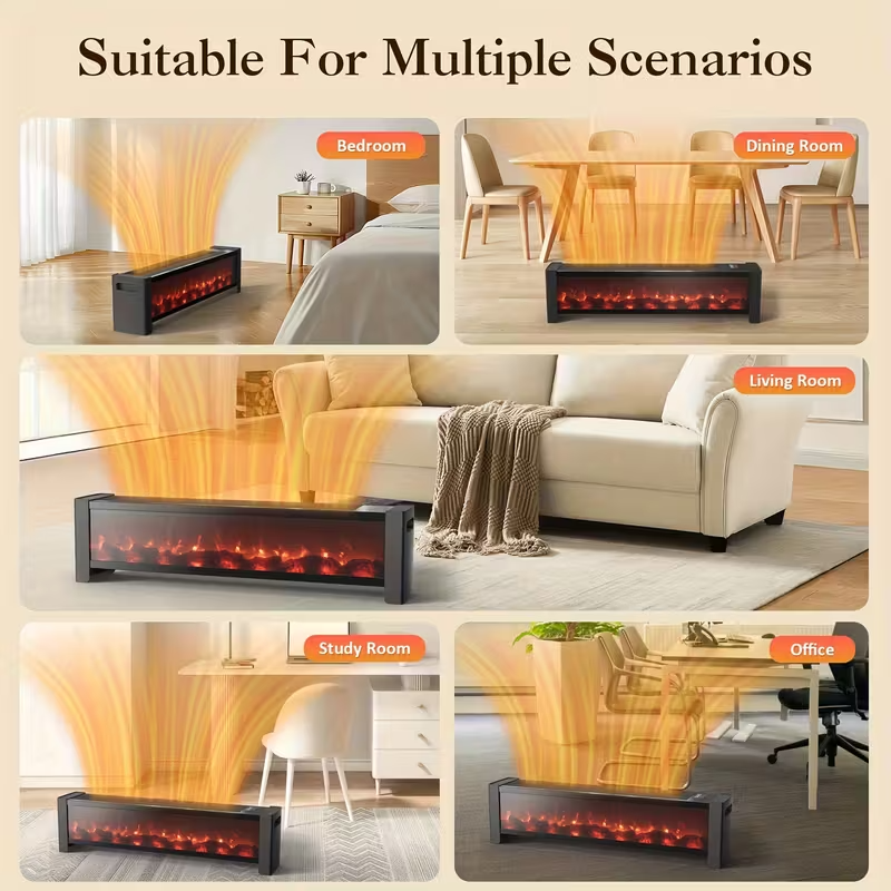 33" Electric Baseboard Heater with Realistic Flame Effect, 1500W Indoor Fireplace Heater with Remote, Adjustable Thermostat, 12H Timer & Overheat Protection for Large Rooms