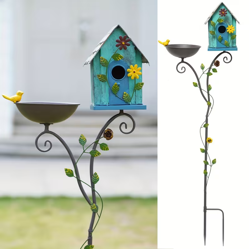 52" Metal Bird Bath with Pole and Birdhouse, Tiered Outdoor Garden Decoration with Seed Tray, Rustic Blue Floral Design, Durable Metal Stake-Mounted Bird Bath for Yard, Lawn, and Patio