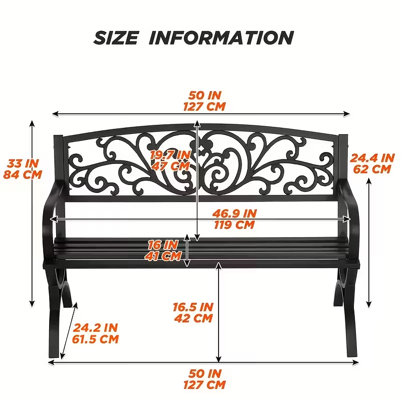 Heavy-Duty Outdoor Metal Garden Bench with Decorative Scroll Backrest, Black Cast Iron and Steel Patio Bench with Slatted Seat for Yard, Park, Porch and Deck