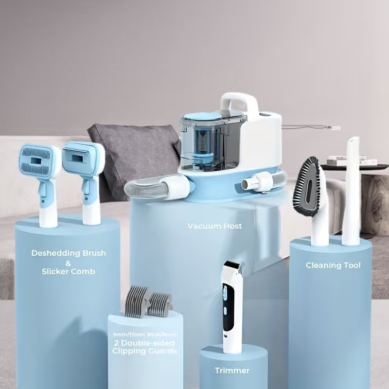 300W Dog Grooming Vacuum, 5-in-1 Pet Grooming Kit with Strong Suction, Large-Capacity 1.2L Dog Vacuum for Shedding, Quiet Operation, Cordless Grooming System with Pet Clipper & Nail Grinder for Home Cleaning