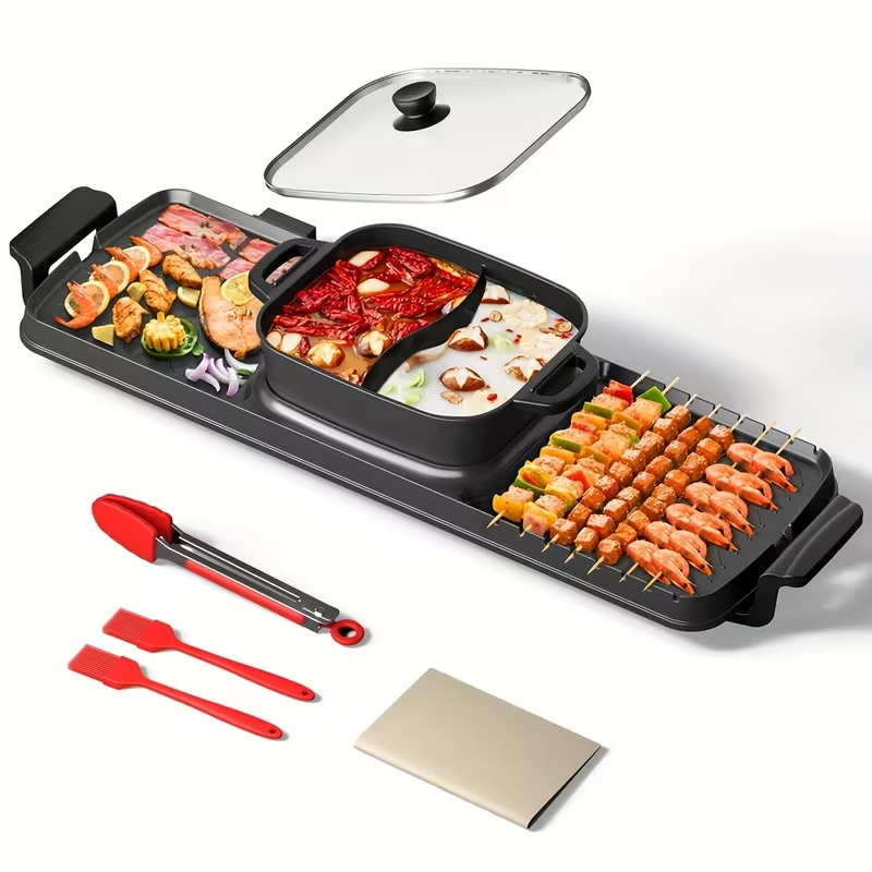 All-in-One Electric Hot Pot & Grill Combo – Large-Capacity Smokeless Cooker with Non-Stick Surface, Even Heating for Frying, Boiling, Grilling & Roasting – Ideal for Family Meals, Parties, Steak, Seafood & Kebabs