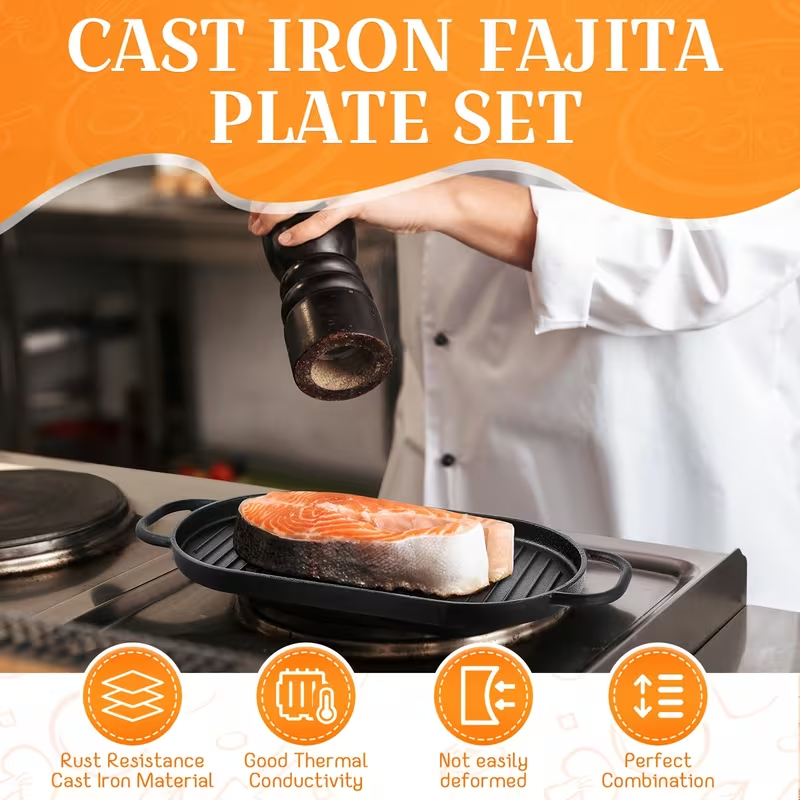 4-Piece Cast Iron Fajita Skillet Pan Set with Wooden Serving Base & Removable Handle – 12 x 6.3 Inch Sizzling Steak and Grill Frying Pan for Home or Restaurant Cooking