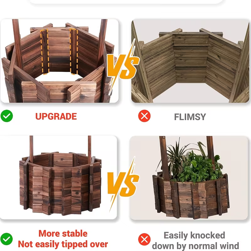 Rustic Wooden Wishing Well Planter with Hanging Bucket – Outdoor Garden & Patio Decor, Weather-Resistant Wood Planter for Flowers, Herbs & Succulents