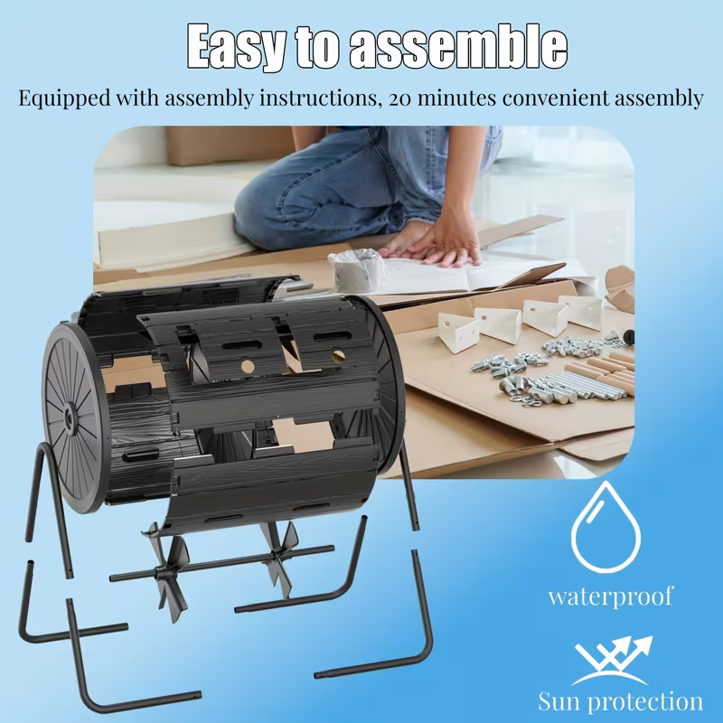 43-Gallon Dual-Chamber Tumbler Compost Bin, Black Rotating Compost Barrel with Swivel Design, Flap Door & Durable Steel Frame, Outdoor Garden Composting Bin for Leaves, Food Scraps, Yard Waste