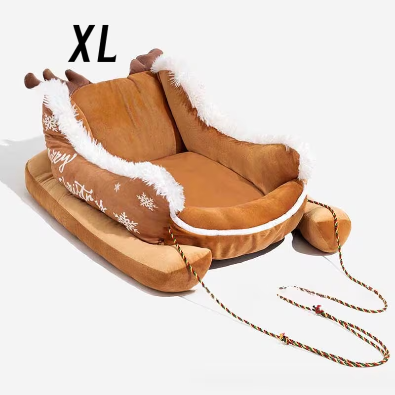 Winter Warm Sled-Style Pet Bed for Dogs and Cats, Removable and Washable Cozy Dog Bed, Thick Soft Polyester Bed for Small and Medium Pets, Brown/Beige Sled Design for Christmas and Everyday Use