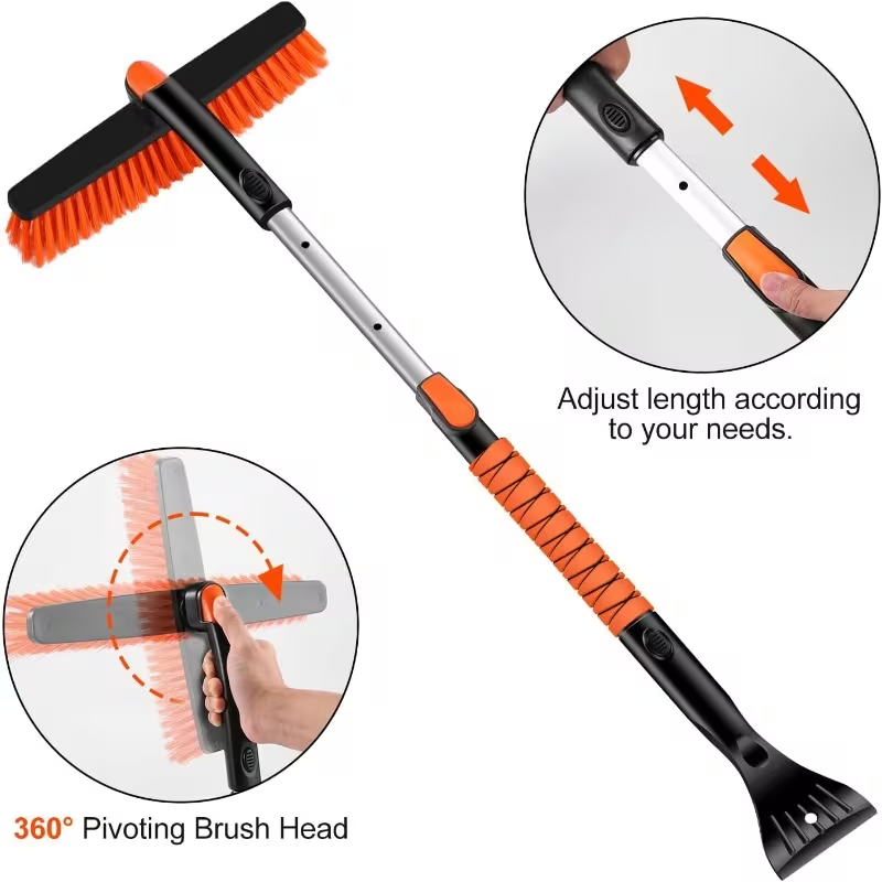 35" Extendable Ice Scraper with Snow Brush and Snow Shovel, 360° Pivoting Brush Head, Foam Grip Handle, Heavy-Duty Snow Remover for Car Windshields, SUVs, Trucks, and Vehicles