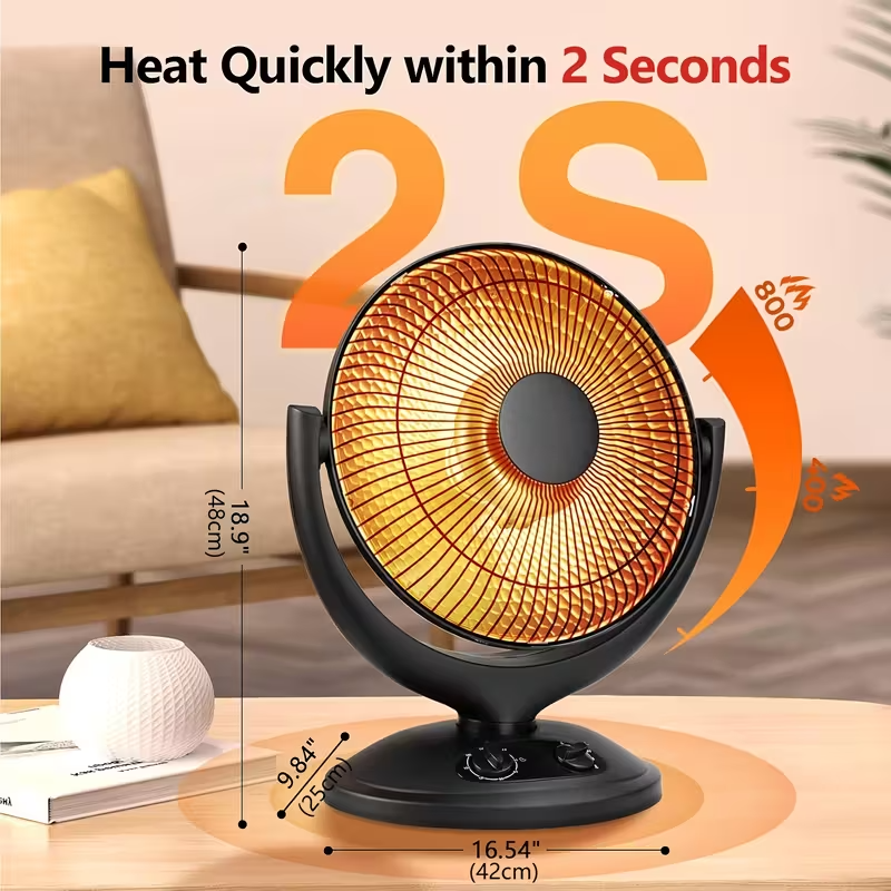 Oscillating Parabolic Radiant Space Heater with Thermostat and Timer, 120V Indoor Dish Heater with Tip-Over and Overheat Protection for Safe and Efficient Room Heating