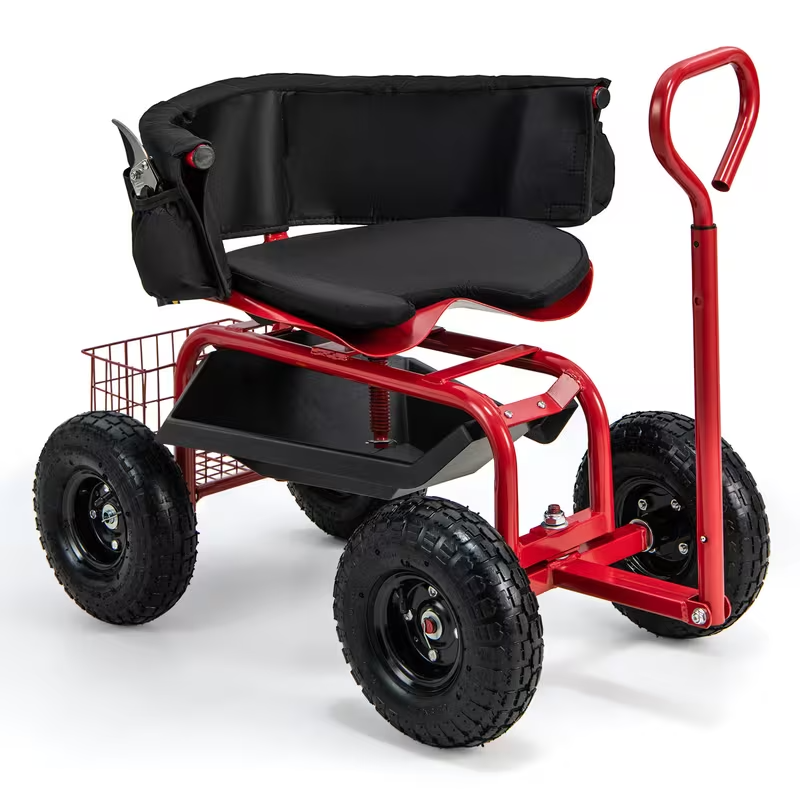 Heavy-Duty Garden Cart Scooter with 10" All-Terrain Tires, 360° Swivel Seat, Extendable Pull Handle, Storage Basket, Tool Pouch & Cushion – Red Rolling Garden Seat for Yard Work & Lawn Care