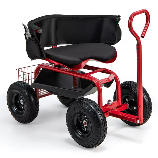 Heavy-Duty Garden Cart Scooter with 10" All-Terrain Tires, 360° Swivel Seat, Extendable Pull Handle, Storage Basket, Tool Pouch & Cushion – Red Rolling Garden Seat for Yard Work & Lawn Care