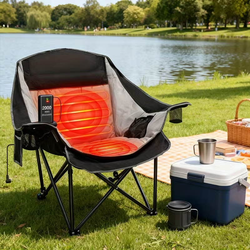 Oversized Heated Camping Chair with Optional Power Bank, 3 Heat Levels, Dual-Zone Heating, Foldable Heavy-Duty Chair with Footrest, 500 lb Capacity