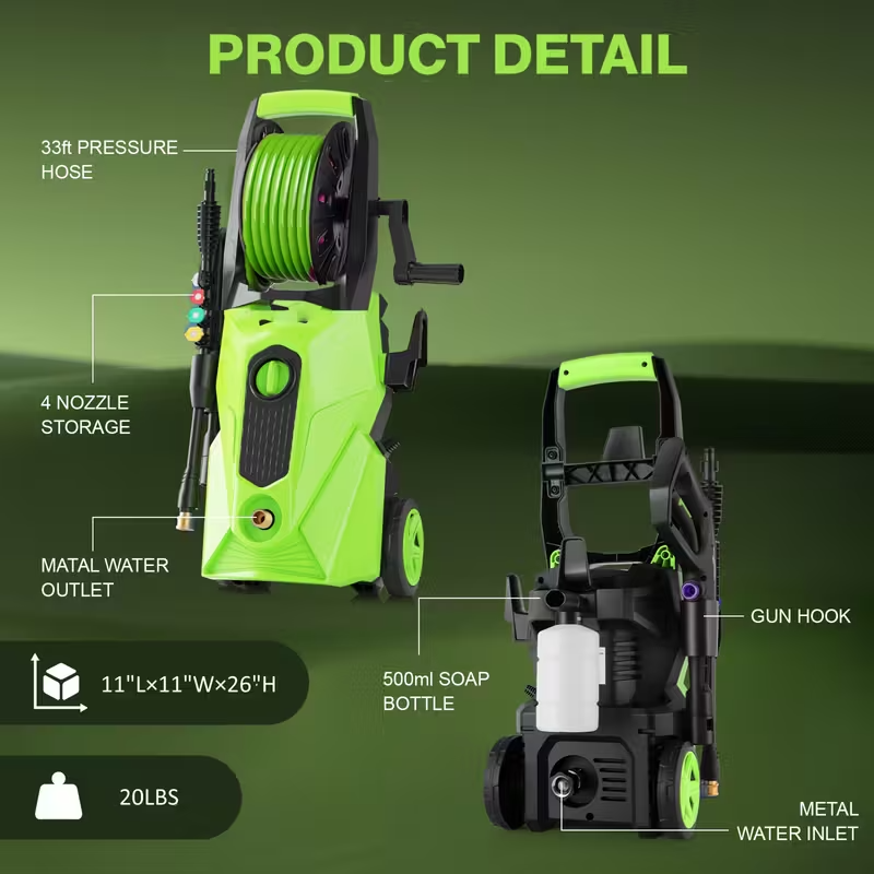 5000 PSI Electric Pressure Washer, 2.75 GPM High-Power Pressure Cleaner with 33FT Reinforced Hose Reel, 4 Quick-Connect Nozzles, Upgraded 2025 Power Washer for Home, Vehicle, Patio & Driveway Cleaning – Plug Powered, 120V (Green)