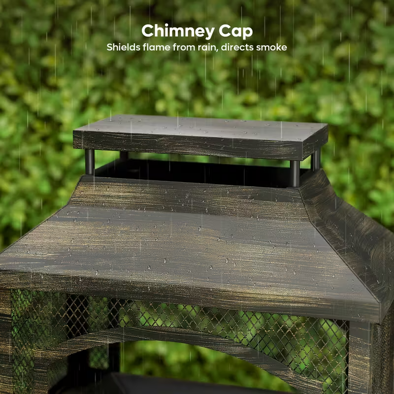 37-Inch Outdoor Wood Burning Fireplace with Wood Storage and Fire Poker – Large Rectangular Metal Fire Pit for Patio, Garden, Deck, and Backyard