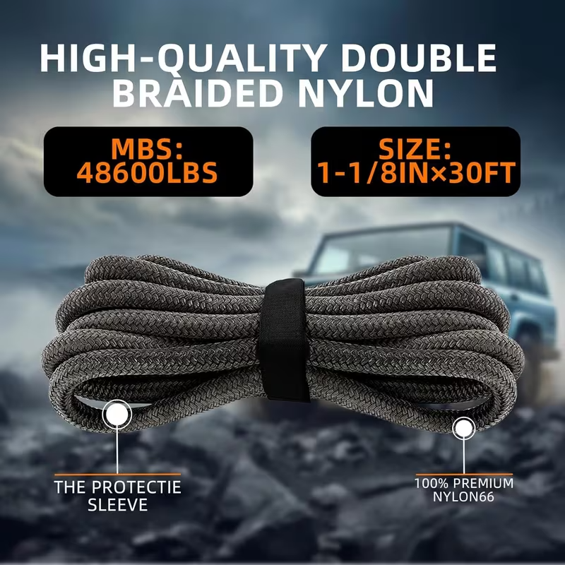 Heavy-Duty 48,500 lbs Kinetic Recovery Rope with Two UHMWPE Soft Shackles, 7/8" x 30 ft High-Elasticity Off-Road Tow Rope, UV and Abrasion Resistant Snatch Strap for Trucks, SUVs, UTVs, ATVs, and Tractors