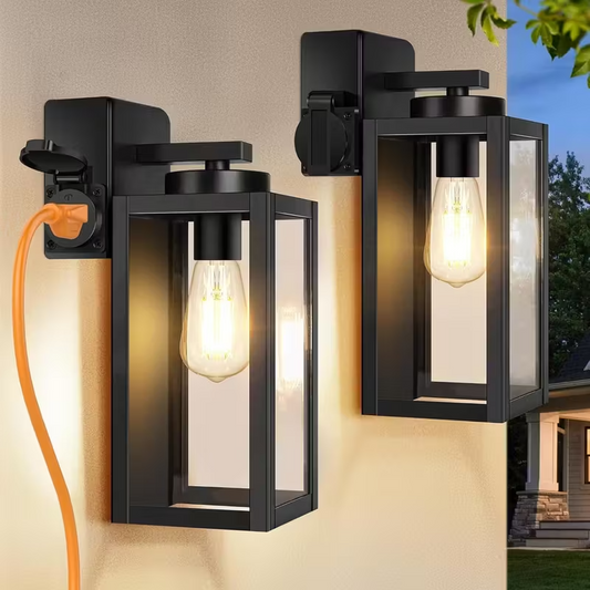 2-Pack Modern Outdoor Porch Lights with Outlet, Wall Sconces for Front Door, Garage, and Patio – Black Exterior Lighting Fixtures