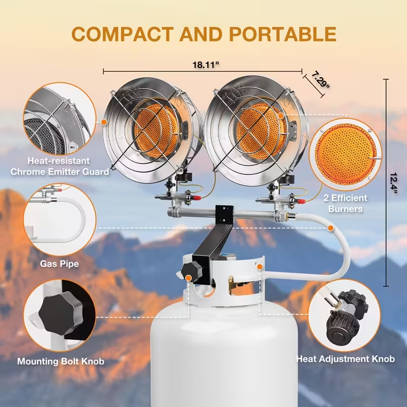 Double Tank Top Propane Heater – Outdoor Freestanding Patio Heater with Shut-Off Valve and Tip-Over Protection, Durable Outdoor Heater for Camping, Garage, Porch, and Sports Events