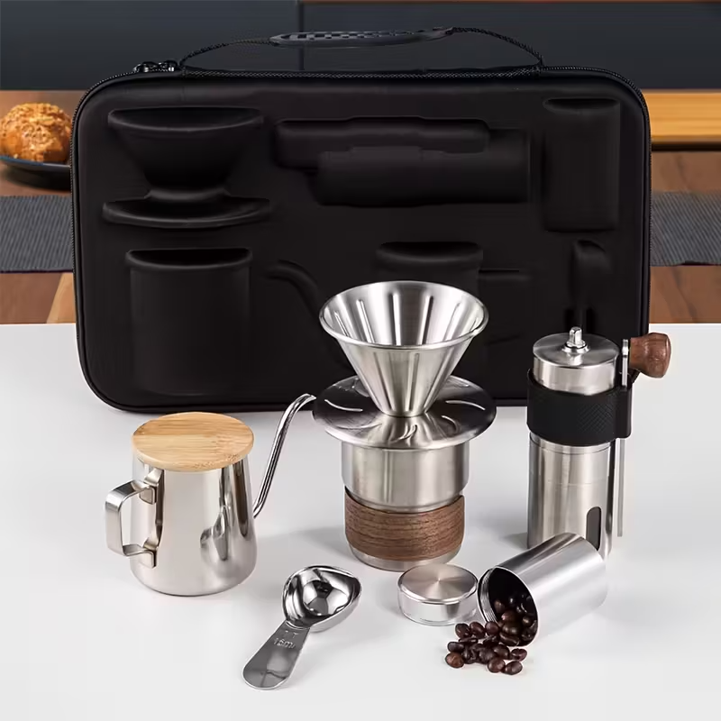 6-Piece Portable Manual Coffee Maker Set with Stainless Steel Cone Grinder, Foldable 304 Stainless Steel Filter, Coffee Pitcher & Handmade Brewing Tools – Electricity-Free Travel Coffee Kit