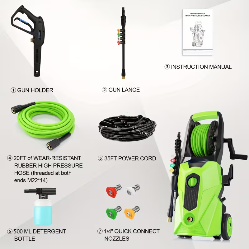 5000 PSI Electric Pressure Washer, 2.75 GPM High-Power Pressure Cleaner with 33FT Reinforced Hose Reel, 4 Quick-Connect Nozzles, Upgraded 2025 Power Washer for Home, Vehicle, Patio & Driveway Cleaning – Plug Powered, 120V (Green)
