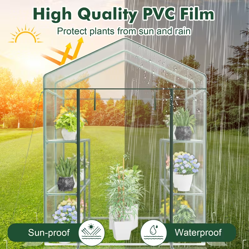 Walk-In Mini Greenhouse with 3 Tiers & 8 Shelves – PVC Cover, Roll-Up Door, Heavy-Duty Steel Frame for Indoor/Outdoor Winter Plant Protection