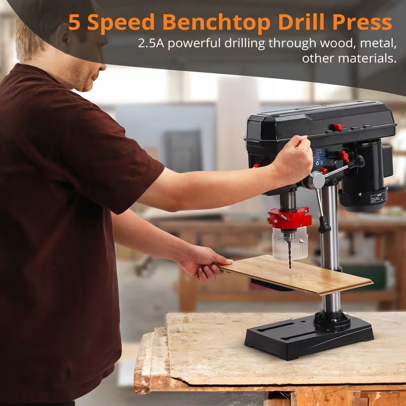 2.5Amp Benchtop Drill Press, 5-Speed Adjustable Tabletop Drilling Machine with 8-Inch Swing and 0–45° Tilting Table for Wood and Metal