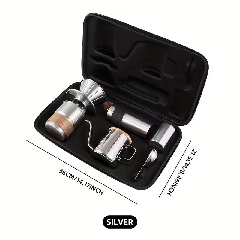 6-Piece Portable Manual Coffee Maker Set with Stainless Steel Cone Grinder, Foldable 304 Stainless Steel Filter, Coffee Pitcher & Handmade Brewing Tools – Electricity-Free Travel Coffee Kit