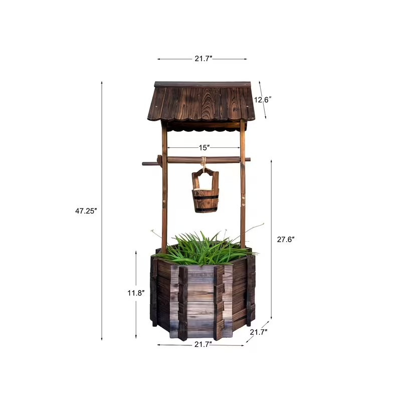 Rustic Wooden Wishing Well Planter with Hanging Bucket – Outdoor Garden & Patio Decor, Weather-Resistant Wood Planter for Flowers, Herbs & Succulents
