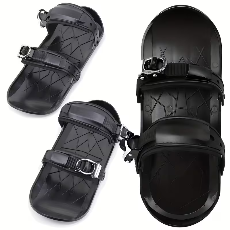 Adjustable Mini Ski Skates for Kids – Black ABS Snowboard Shoes with Asymmetrical Design and Carrying Bag, Beginner-Friendly for Powder Snow