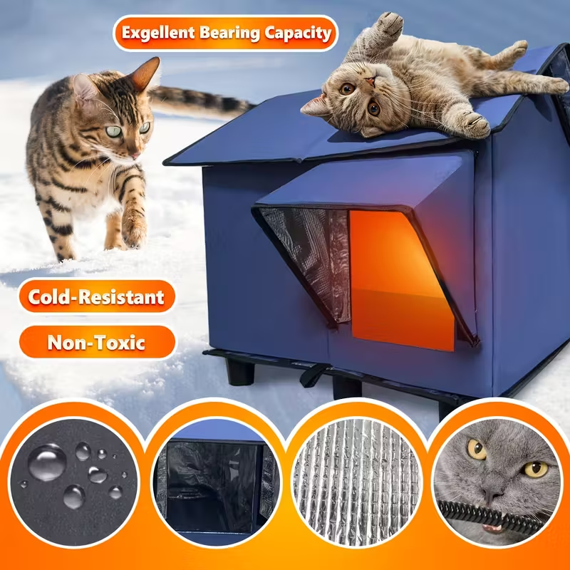 Outdoor Heated Cat House – Extra-Insulated Winter Shelter with Extended Eaves, Escape Door & Elevated Base for Outdoor, Stray, and Barn Cats