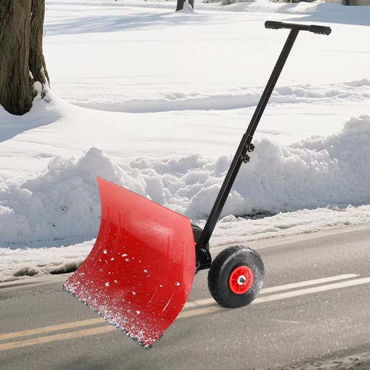 Rolling Snow Shovel with Wheels – Durable Carbon Steel Blade, Single Handle, Pre-Installed Parts for Quick Use, Ideal for Driveway and Walkway Snow Clearing