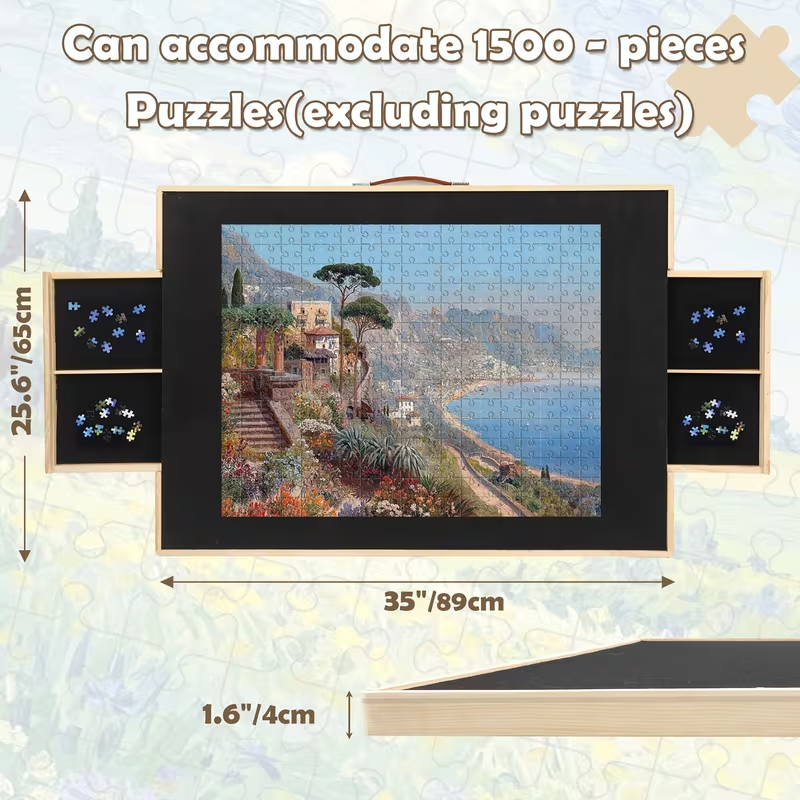 1500-Piece Rotating Wooden Puzzle Board with Dust Cover & 4 Storage Drawers – Large Puzzle Table for Adults, Families & Kids – Durable Wood Construction, Gift-Ready for Valentine’s Day, Christmas & Holidays